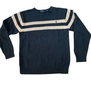 Vintage 1980s men’s Ralph Lauren knit sweater navy blue white striped crew neck
